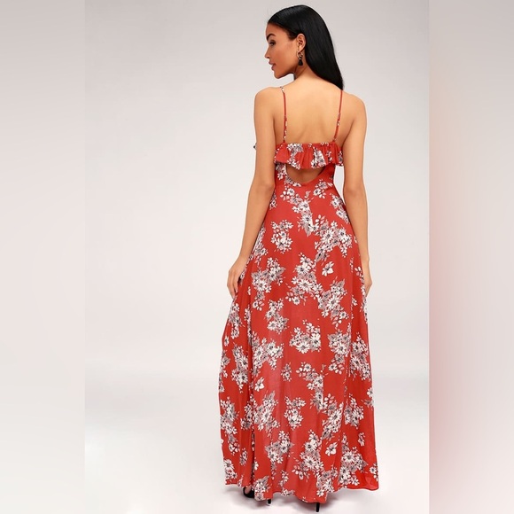 Lulus Bloom On Rust Floral Print Long Maxi Dress w/Side Slit, Red, Size XS - Picture 4 of 16